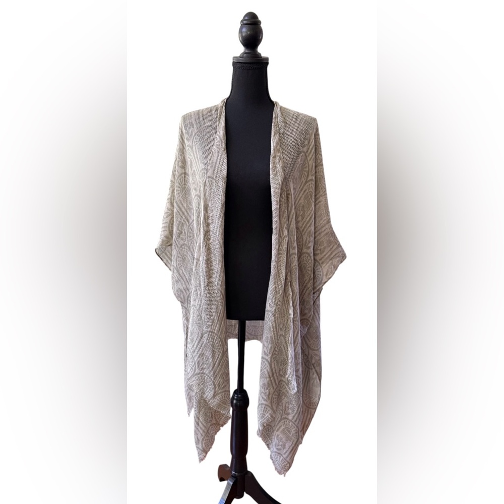Sonoma Antique Green and Cream Open Front Shrug Cardigan with Fringe